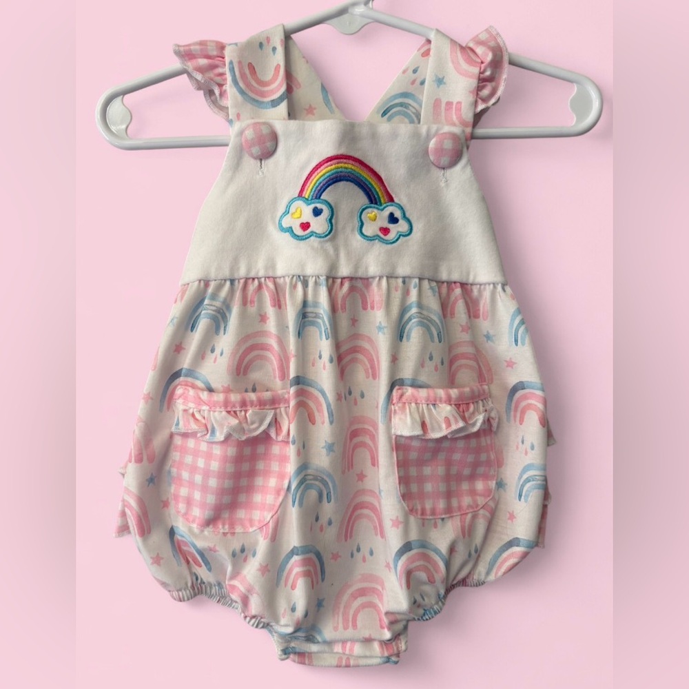 Abby & Evie Rainbow Appliqué Ruffle Bubble Romper | Size 6M